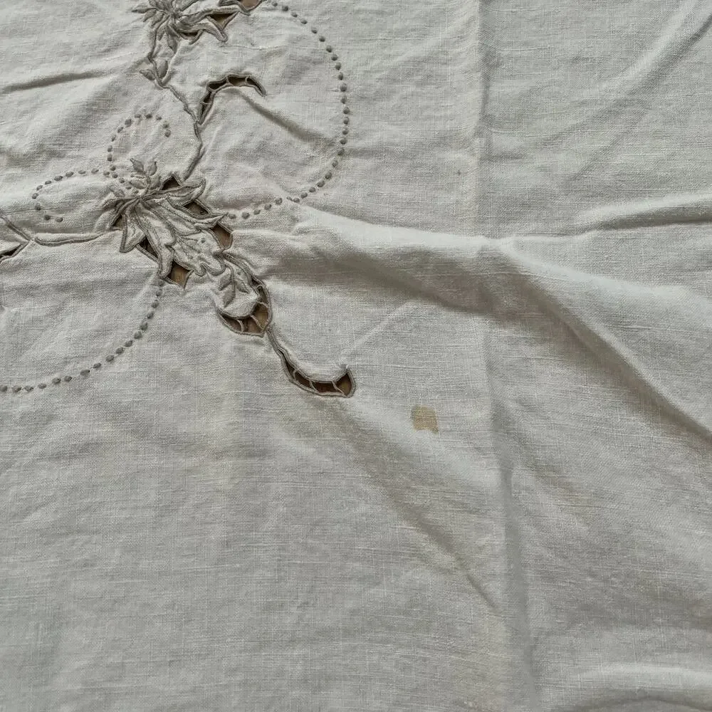 Vintage Floral Embroidery Tan Linen Tablecloth Scalloped Edges 73 x 54